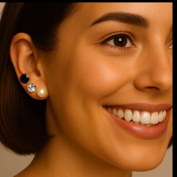 3-Pair Gold-Tone CZ Stud Earrings – Crystal, Faux Pearl, Black  – Hypoallergenic - Picture 1 of 9